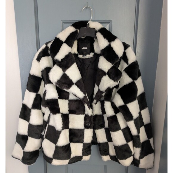 VANS Off The Wall NATALIE JACKET Faux Fur BLACK WHITE CHECKERBOARD XS Skate Coat - Picture 4 of 7
